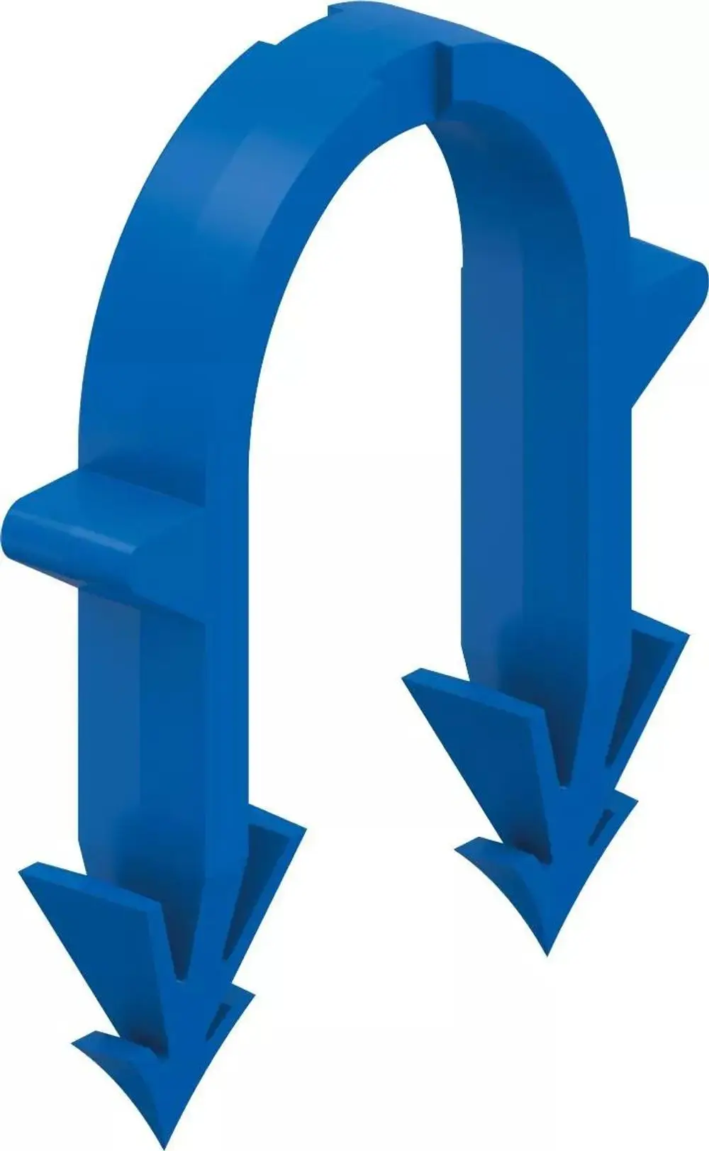 Blauer Kunststoff-Haken mit zwei nach unten gerichteten Pfeilen. Das Produkt gehört zur Marke Uponor und dient zur Befestigung oder für Leitungsführungen.